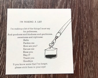 Vintage Pages Shel Silverstein I’m Making a List Poem | Manners Polite Children Poem | Nursery Decor | 5” x 5”