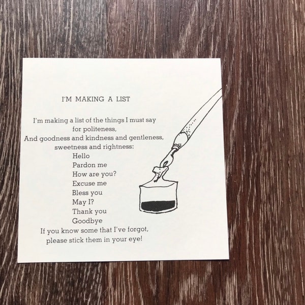 Vintage Pages Shel Silverstein I’m Making a List Poem | Manners Polite Children Poem | Nursery Decor | 5” x 5”