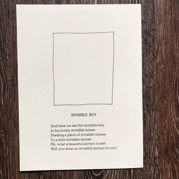 Vintage Pages Shel Silverstein Invisible Boy | Creativity poem | Children’s Poem and Illustration | 8” x 6”