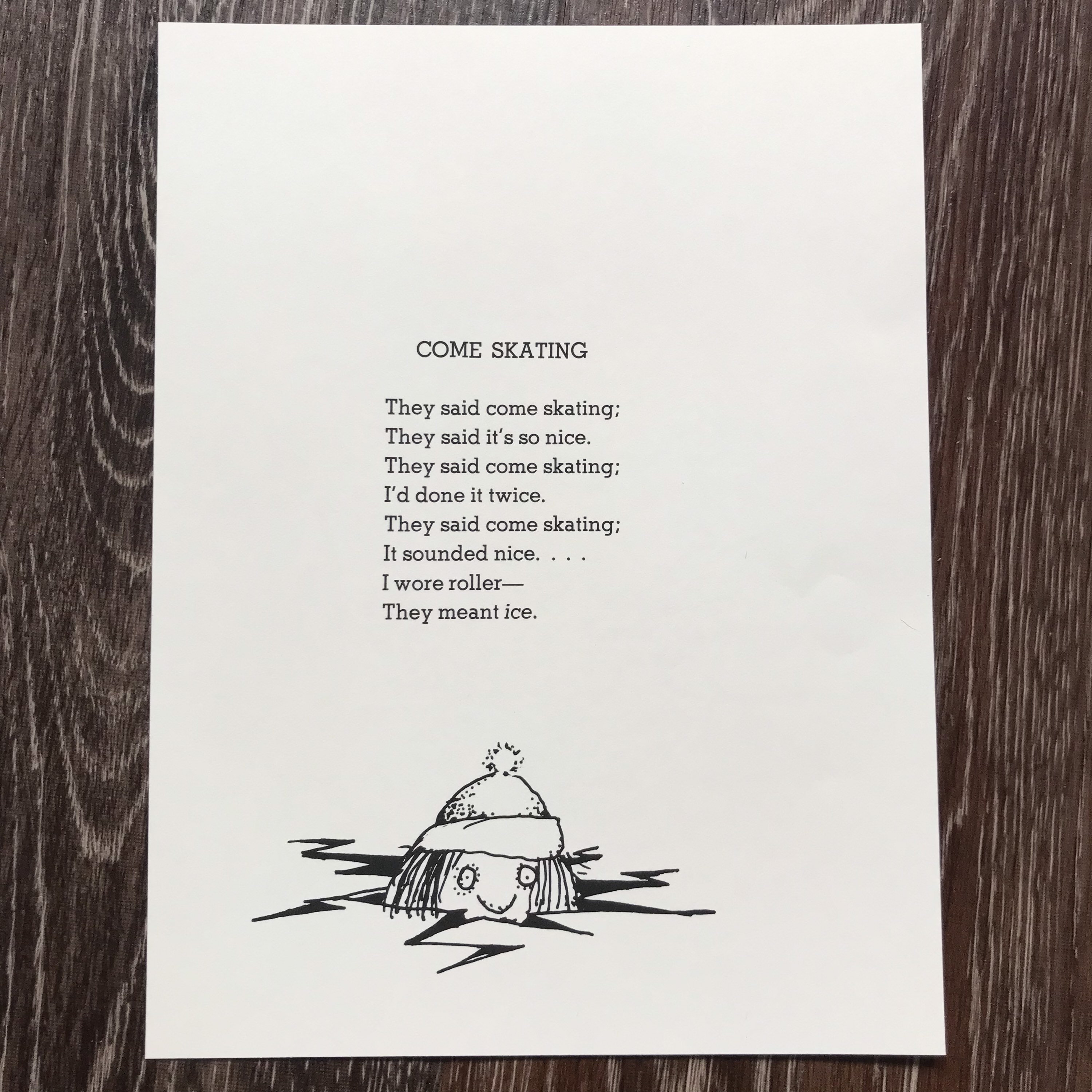 Vintage Pages Shel Silverstein Come Skating Poem and Illustration Ice Skate Roller Skate Hockey