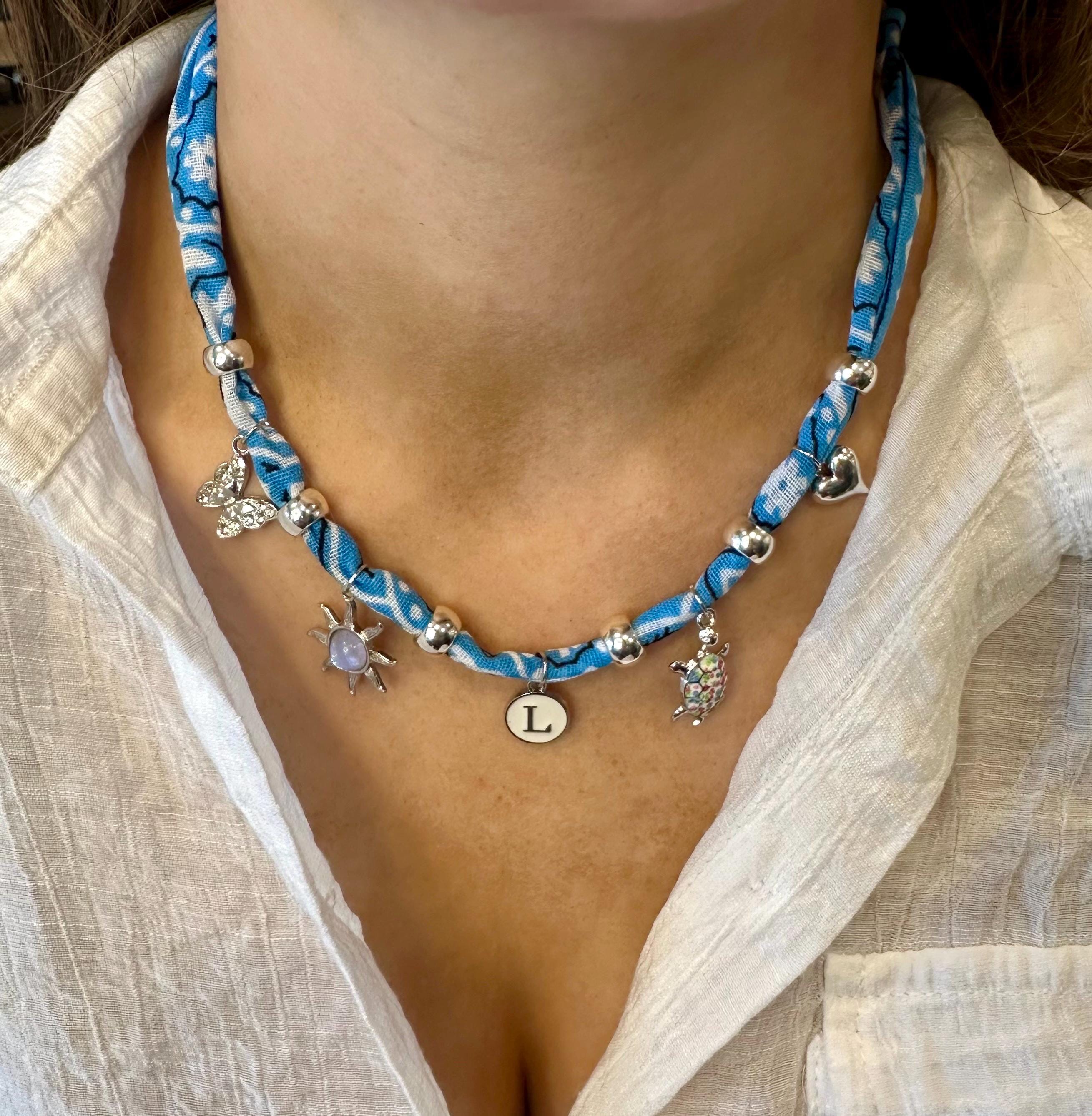 Custom Bandana Charm Necklace: Personalized Beaded Scarf, Silver Charms
