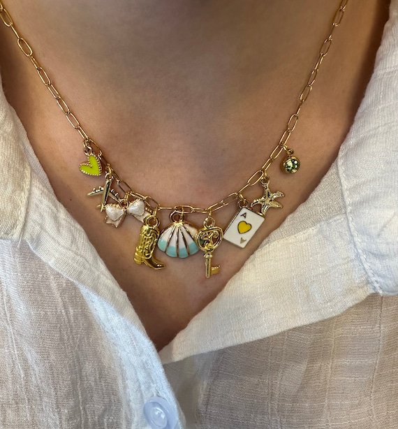 Custom Gold Charm Necklace Cluster Charm Necklace Evil Eye Necklace Gold Paperclip Chain Build Your Own Charm Necklace Gifts for Her Etsy