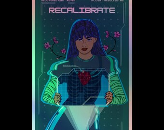 Rekalibriere Kybernetische Blüte Holographischer Aufkleber | Futuristisches Roboterherz Aufkleber | Cyberpunk Feminine Tech Art Holographische Sticker