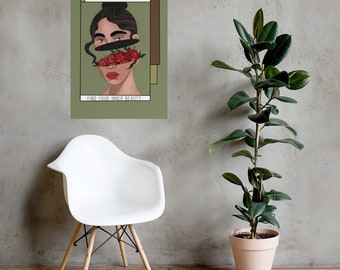 Vintage Poster, Finde deine innere Schönheit Vintage Print, Mädchen mit Blumen, Minimalistische Geschenkidee, Wandkunst