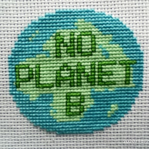 May include: A green and blue cross-stitch embroidery of a globe with the text "No Planet B" on it.