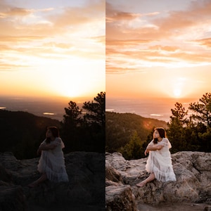 May include: A scenic photograph captures a sunset over a mountain range. A person in a white dress sits on a rocky outcrop, gazing at the horizon. The sky is ablaze with orange and yellow hues, creating a warm and inviting atmosphere.
