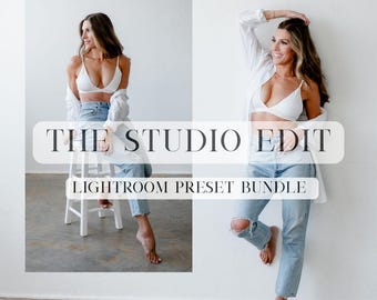 May include: The Studio Edit Lightroom Preset Bundle text overlayed on a photo of a person wearing a white bra, white shirt, and blue jeans. The person is leaning against a white wall.
