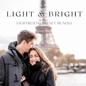 May include: A couple in front of the Eiffel Tower, with the text "LIGHT & BRIGHT LIGHTROOM PRESET BUNDLE". The man is wearing a gray coat, and the woman is wearing a black jacket and scarf.