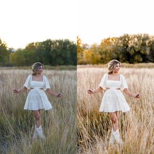 May include: A woman in a white dress with a square neckline and cut-out waist stands in a field of tall, dry grass. The dress has short, flared sleeves and a tiered skirt. She wears white cowboy boots. The background features trees and a soft, golden light.