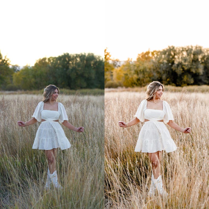 May include: A woman in a white dress with a square neckline and cut-out waist stands in a field of tall, dry grass. The dress has short, flared sleeves and a tiered skirt. She wears white cowboy boots. The background features trees and a soft, golden light.