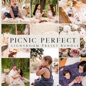 May include: A collage of outdoor picnic scenes. The images feature families, food, and floral arrangements. The text "PICNIC PERFECT LIGHTROOM PRESET BUNDLE" is displayed in the center. The scenes include a baby, a couple, and a mother and daughter.