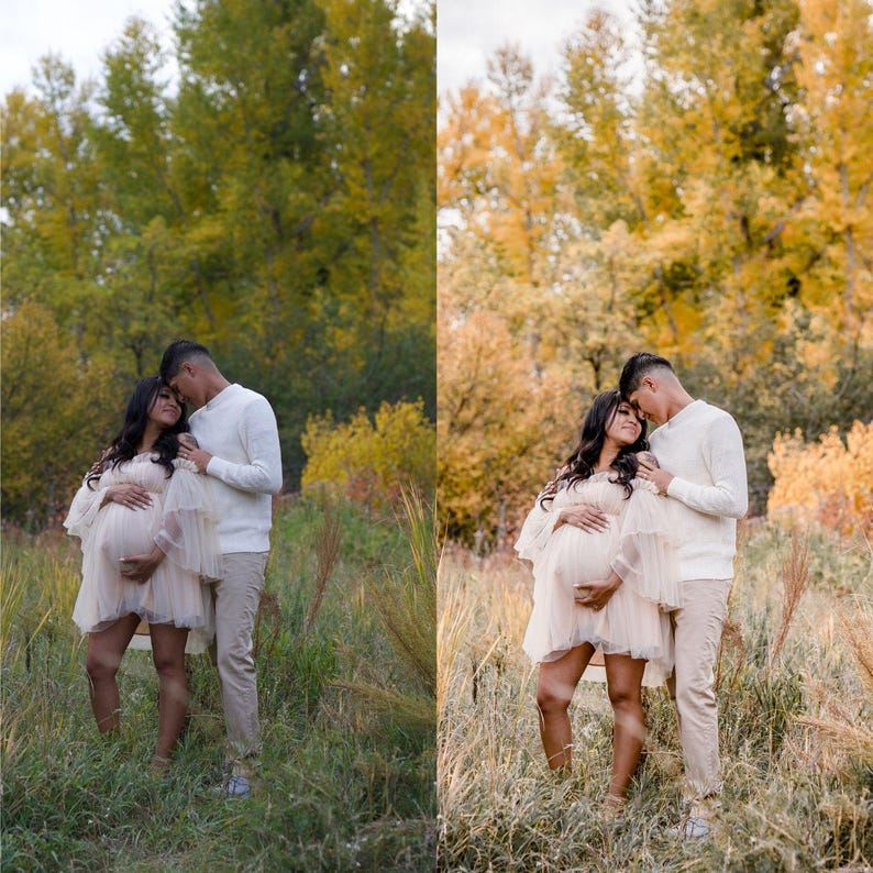 May include: A couple stands in a field of tall grass, surrounded by trees with yellow and green leaves. The woman wears a light peach dress and the man wears a white sweater and tan pants. They are embracing, with the woman's hands on her pregnant belly.