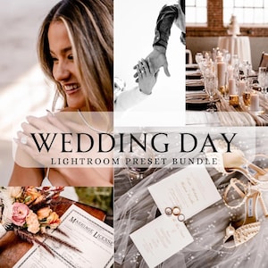May include: A collage of wedding-themed images. Includes a smiling person, hands with rings, a table setting, a bouquet, a marriage license, wedding rings, and bridal shoes. Text overlay: "WEDDING DAY LIGHTROOM PRESET BUNDLE."