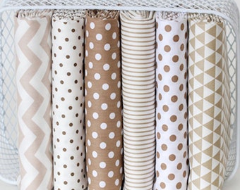 White Brown Cotton Fabric Polka Dots Stripes Khaki Geometric Chevron Cotton Fabric - By The Half Yard