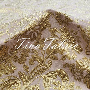 Jacquard fabric - coat fabric - Gold silk jacquard fabric - light pink background - Dress fabric by the half yard