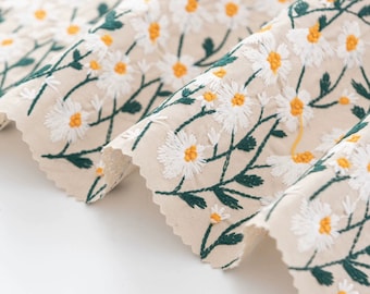 White Daisy Fabric, Embroidered Daisy Fabric, Cotton Linen Fabric, DIY Fabric, By The Yard