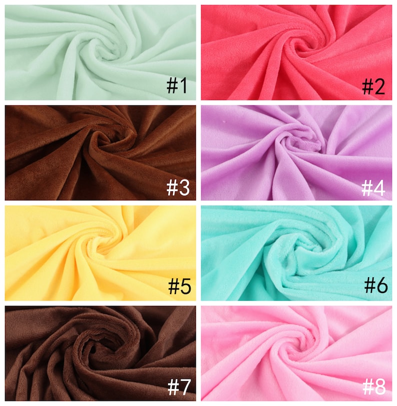 May include: Eight fabric swatches in different colors, including light green, red, brown, purple, yellow, light blue, dark brown, and pink. Each swatch is folded and arranged in a grid pattern. The swatches are numbered 1 through 8.
