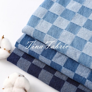 Plaid Washed Denim Fabric: 100% Cotton Designer Fabric (By The Half Yard)
