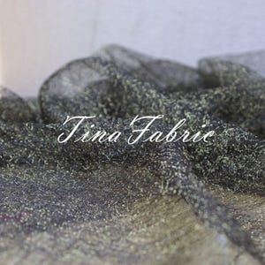 Puede incluir: Tela negra transparente con purpurina dorada tejida. La tela es texturizada y tiene un brillo sutil. El texto "Tina Fabrie" es visible en la imagen.