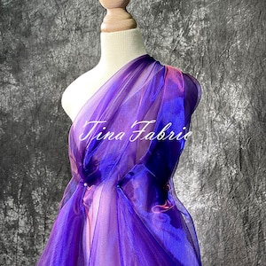Sapphire Blue Light Purple Gradient Organza Fabric 4 Way Stretch, Dress Fabric, Weddng Fabric, Designer Fabric, By The Yard
