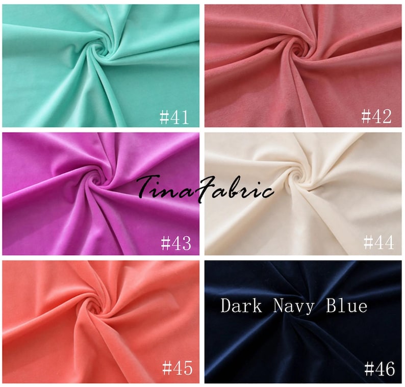 May include: Six fabric swatches in different colors: light blue, pink, cream, coral, and dark navy blue. The swatches are arranged in two rows of three. Each swatch has a number printed on it, ranging from #41 to #46. The text "Tinafabric" is printed in the center of the image.