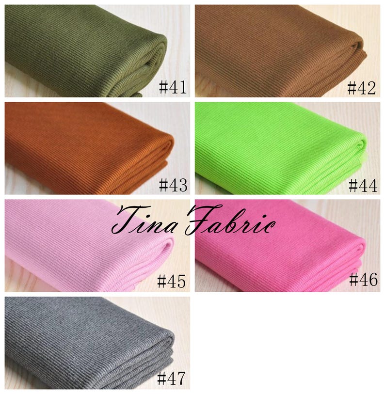 May include: A collection of seven fabric swatches in various colours, including green, brown, orange, lime green, pink, grey, and dark grey. Each swatch is folded and labelled with a number, from #41 to #47. The text "Tina Fabric" is visible in the centre of the image.