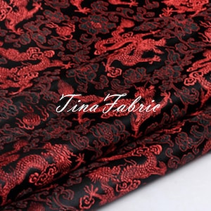Black Color Red Dragon Fabric, Brocade Fabric, Dragon Style Brocade Fabric, Jacquard Fabric, By The Yard