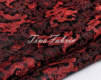 Red Dragon Brocade Fabric, Black Jacquard, By The Yard