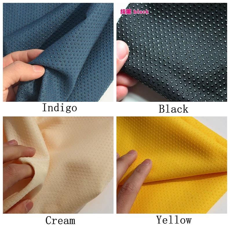 May include: Four fabric swatches in different colors: indigo, black, cream, and yellow. Each swatch has a textured surface with small raised dots.