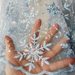 Blue Mesh Embroidered Snowflake Sequins Clothing Fabric, DIY Women's Dress Baby Clothes Mesh Accessories, By The Half Yard