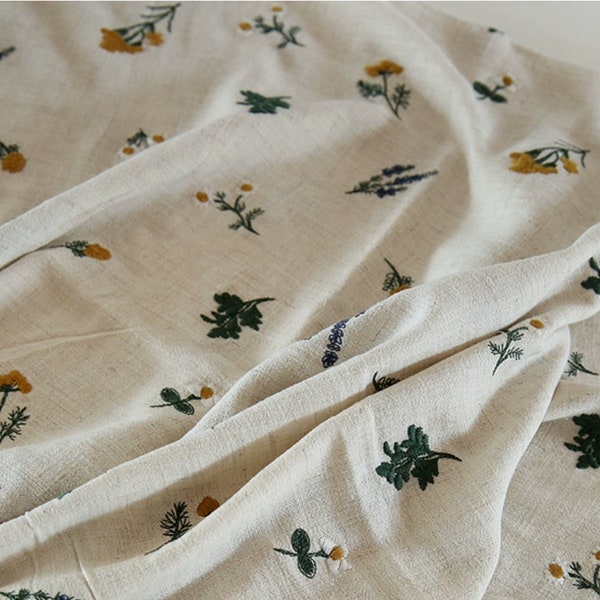 Floral Embroidered Fabric, Plant Embroidered Fabric, Floral Linen Fabric,Quilting Fabric,Designer Fabric, Fabric By Yard,Linen Fabric