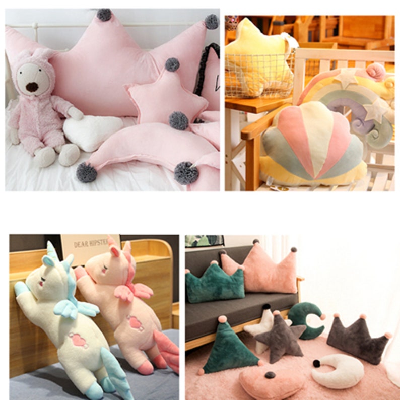 May include: A collection of plush pillows in various shapes, including a crown, a star, a rainbow, and a cloud. The pillows are made of soft, colorful fabric and are perfect for adding a touch of whimsy to any room.