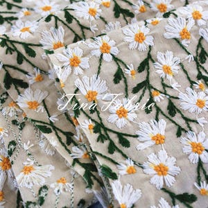 Embroidered Daisy Cotton Linen Fabric: White Floral DIY Fabric By The Yard