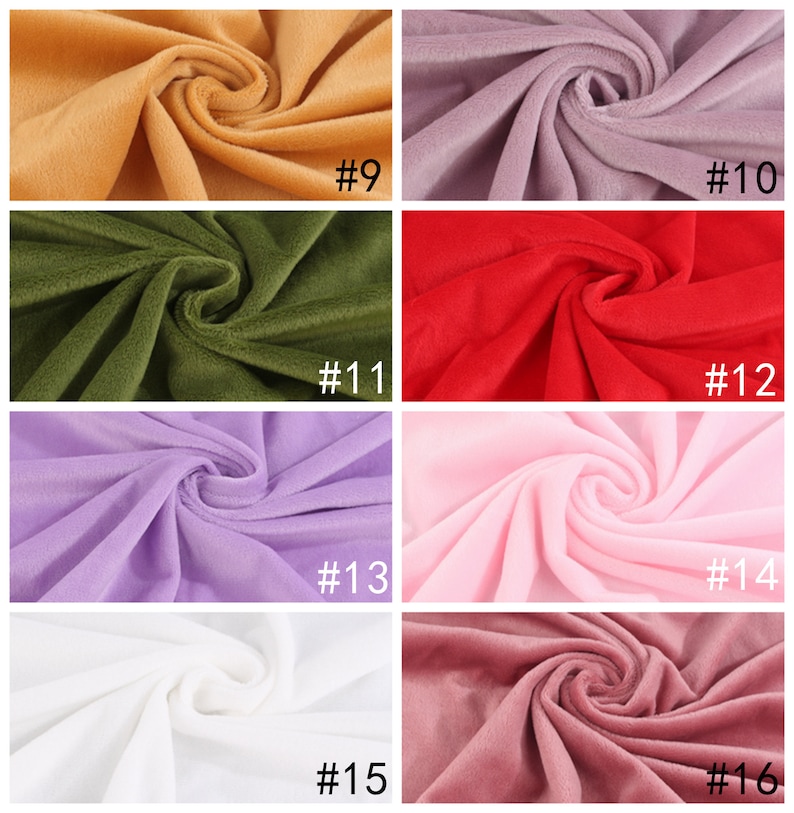 May include: Eight fabric swatches in different colors, including orange, green, red, purple, pink, white, and brown. The swatches are arranged in two rows of four, with each swatch labeled with a number from 9 to 16.