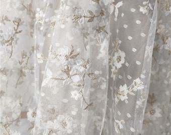 White Polka-dot Mesh Embroidered Lace Fabric, Dot Bottom Yarn Gold Yhread Milk Silk Thread Embroidery Flower Skirt Fabric, By The Half Yard