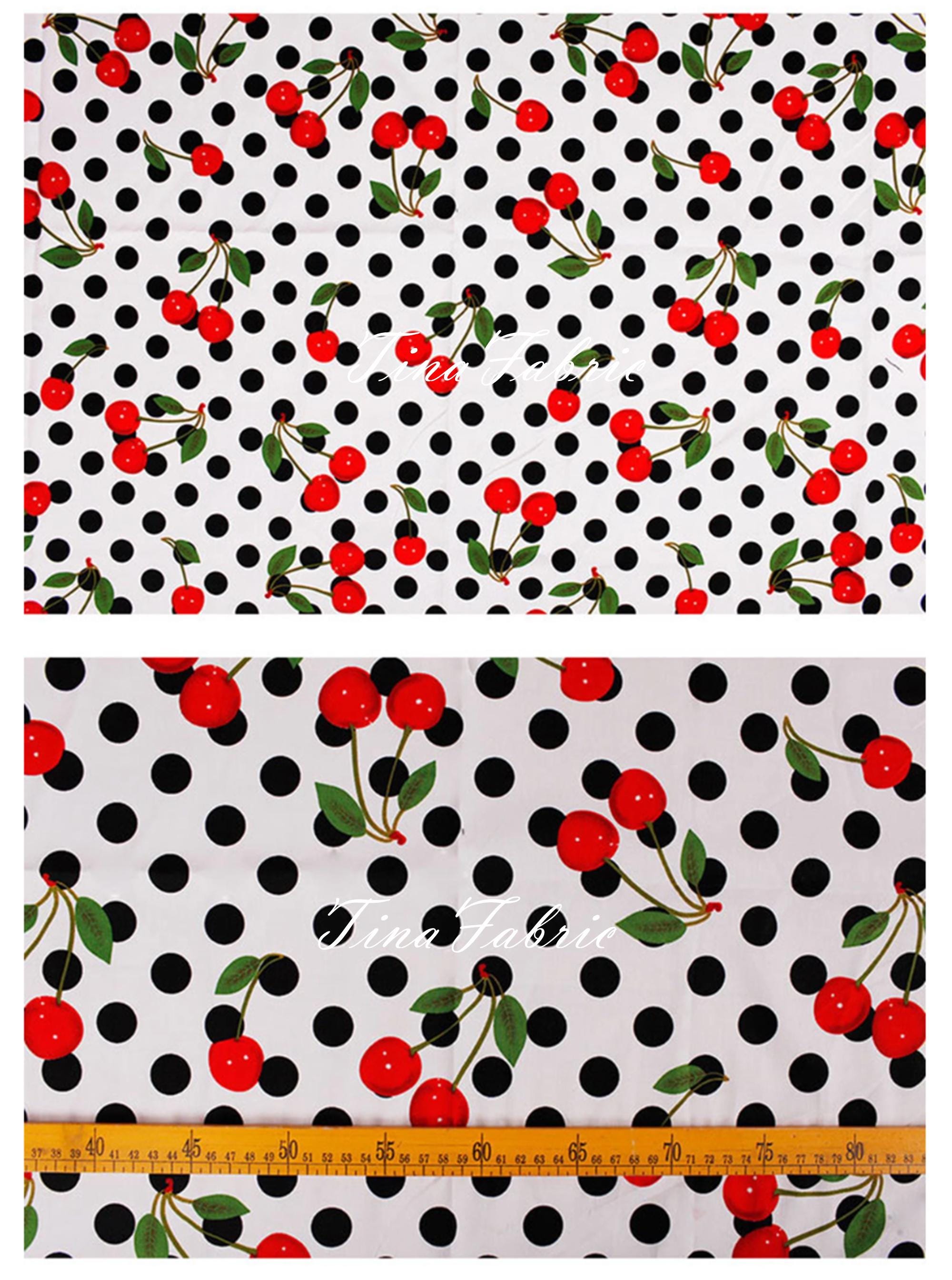 Tissu Coton Imprimé Cerises Rouges Sur Fond Noir - 1,10m X 0,98m Ovale - Neuf