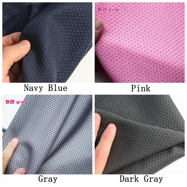 May include: Four fabric swatches in navy blue, pink, gray, and dark gray. Each swatch has a textured surface with small raised dots.