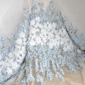3D Blue Flower Organza Lace Fabric, Chiffon Texture Floral Fabric 4-Way Stretch, Dress Fabric, Mesh Fabric, By The Half Yard
