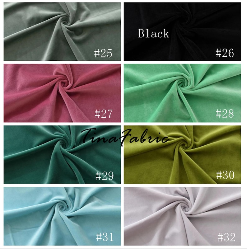 May include: A collection of eight fabric swatches in various colors, including green, blue, pink, and black. Each swatch is labeled with a number, from #25 to #32. The text "Tinafabric" is visible in the center of the image.