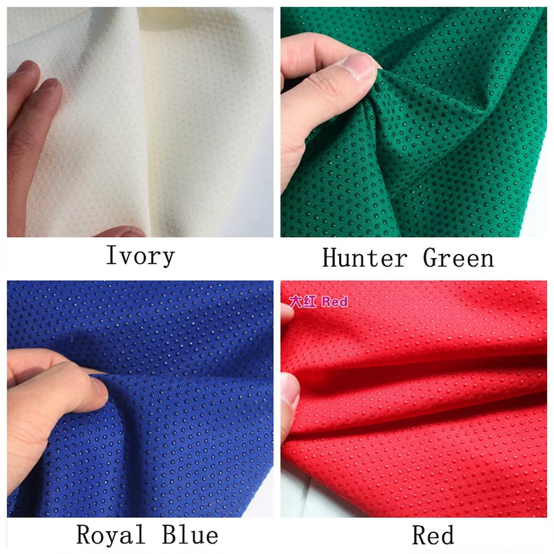 May include: Four fabric swatches in different colors: ivory, hunter green, royal blue, and red. Each swatch has a textured surface with small dots.