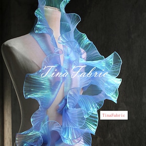 Blue Sea Color Symphony Gradient Pleated Lotus Leaf Lace Fabric, Decorative Cuffs And Skirt Accessories, Wedding Mesh Fabric, By The Yard