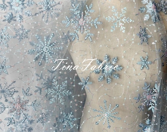 Blue Snowflake Sequins Embroidered Mesh Fabric, DIY Dress Accessory, By The Half Yard
