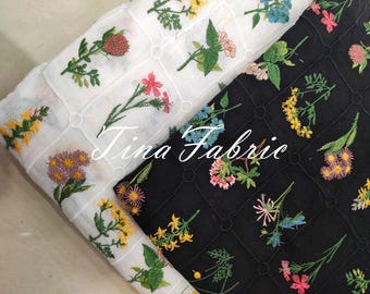 Floral Embroidered Lace Fabric: Black & White Cotton Tulle, 51" Wide