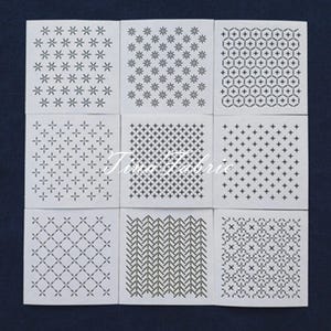 Plantilla Sashiko, Patrón de Bordado Sashiko, Plantilla para Acolchado, Patrón de Cruz Pequeña, Patrón de Posavasos, Diámetro de 10 cm, 9 Opciones de Patrón