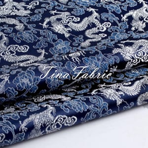 Blue Dragon Brocade Fabric: White Dragon Jacquard, By The Yard