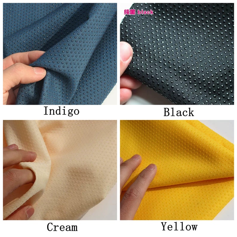 May include: Four fabric swatches in different colors: indigo, black, cream, and yellow. Each swatch has a textured surface with small raised dots.