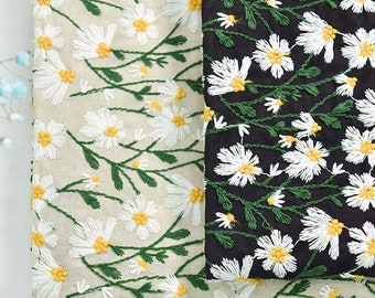 White/Black Daisy Style Fabric, Cotton Linen Fabric, Embroidered Daisy Style Fabric, DIY Fabric, By The Yard