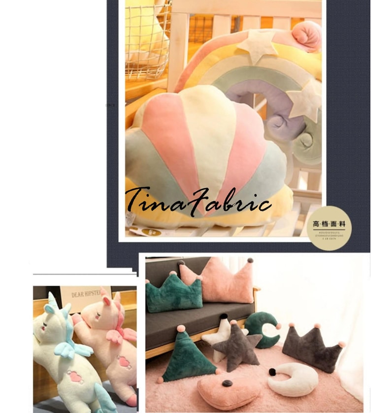 May include: A set of colorful plush pillows in the shape of a rainbow, cloud, star, moon, and crown. The pillows are made of soft, plush fabric and are perfect for adding a touch of whimsy to any room.