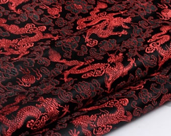 Black Color Red Dragon Fabric, Brocade Fabric, Dragon Style Brocade Fabric, Jacquard Fabric, By The Yard