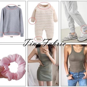 May include: A set of three clothing items: a grey long-sleeved sweatshirt, a striped beige baby onesie, and a grey pair of sweatpants. The sweatpants have a ribbed cuff at the ankle.